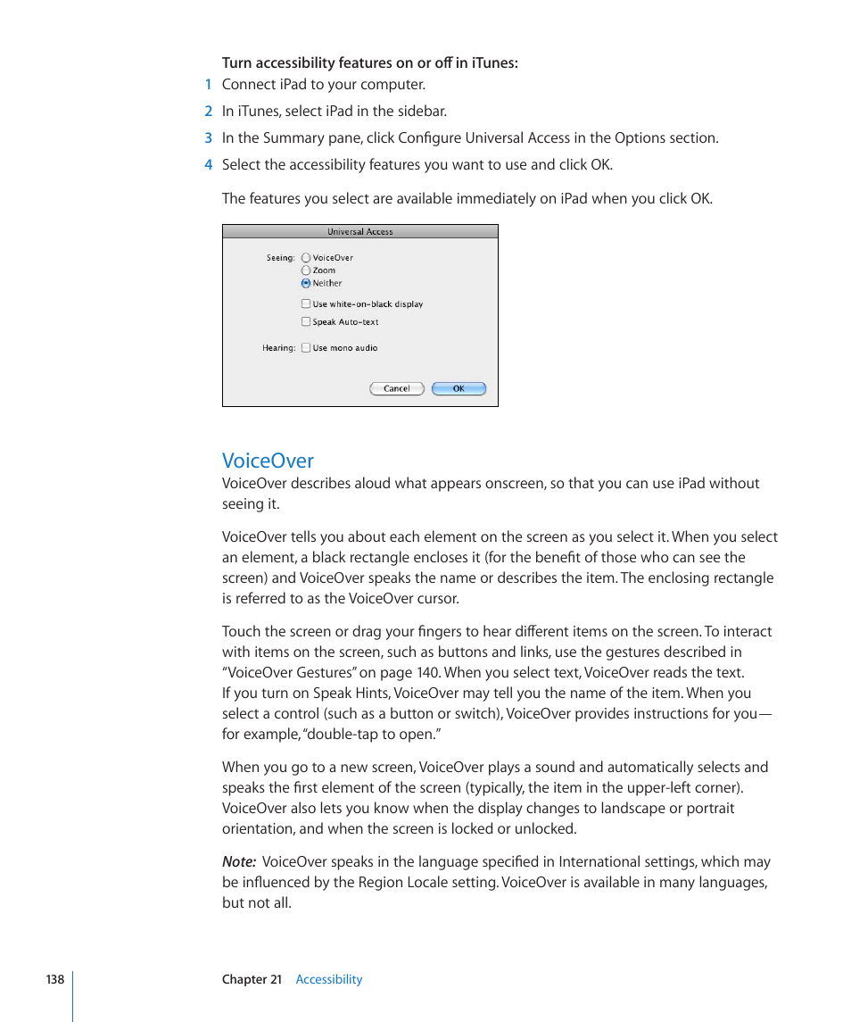 Voiceover, 138 voiceover | Apple iPad For iOS 4.3 User Manual | Page 138 / 198