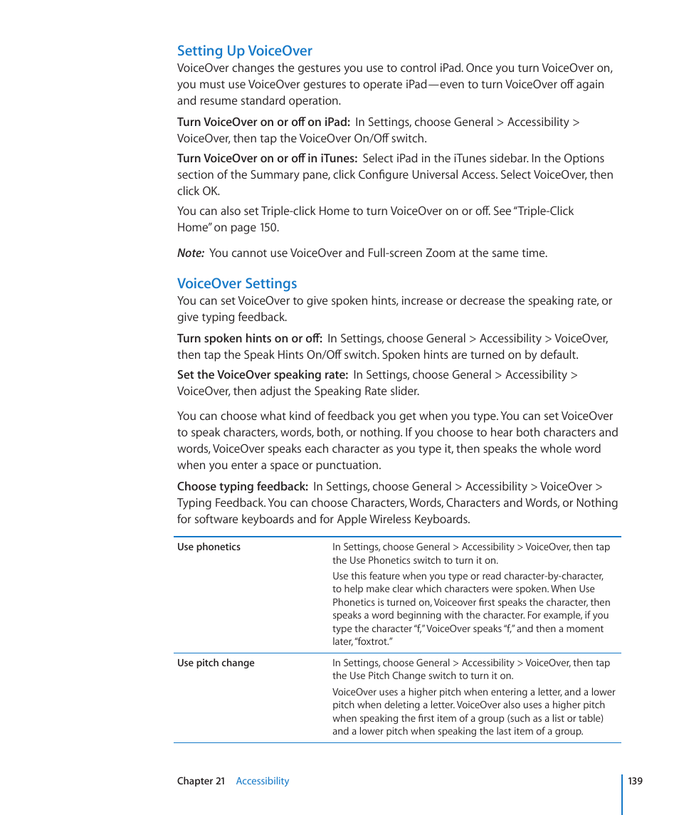 Setting up voiceover, Voiceover settings | Apple iPad For iOS 4.3 User Manual | Page 139 / 198