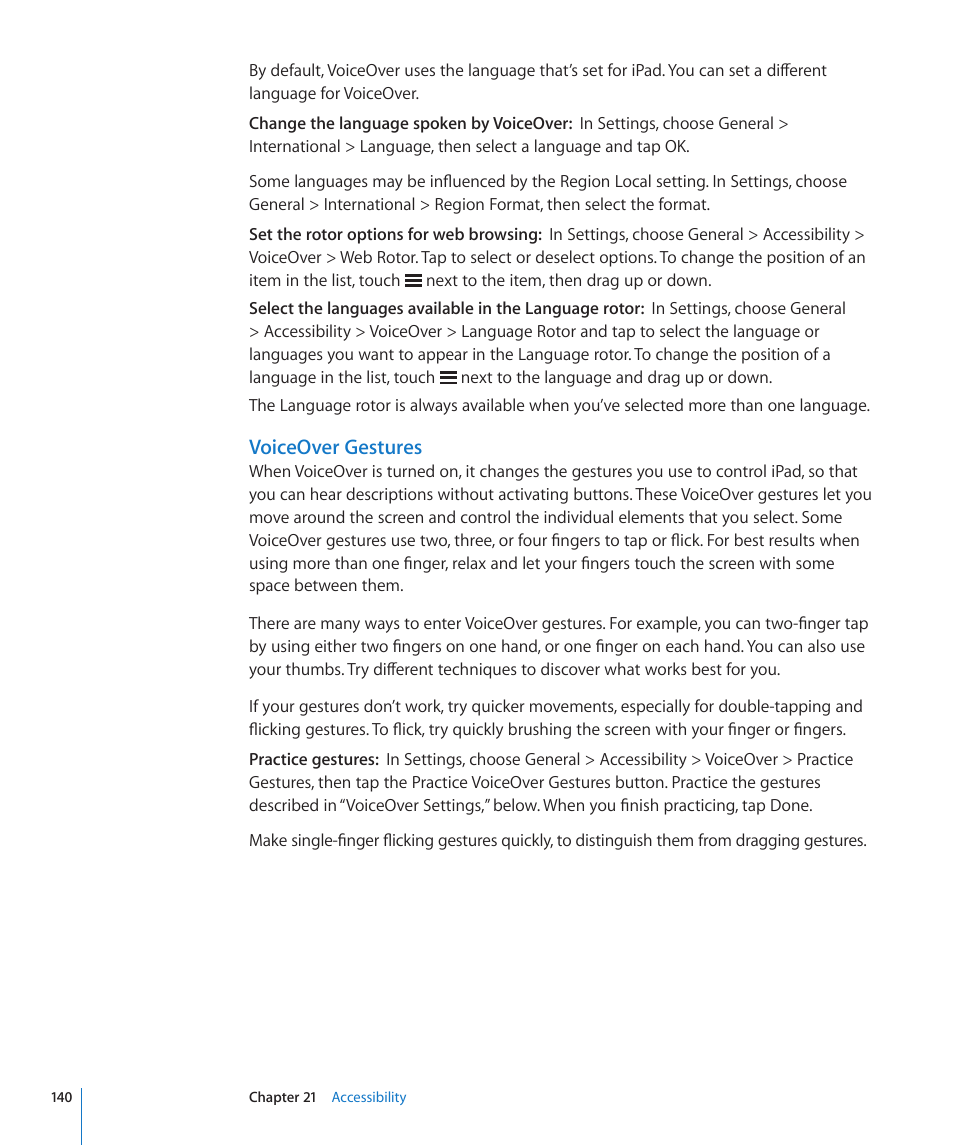 Voiceover gestures | Apple iPad For iOS 4.3 User Manual | Page 140 / 198