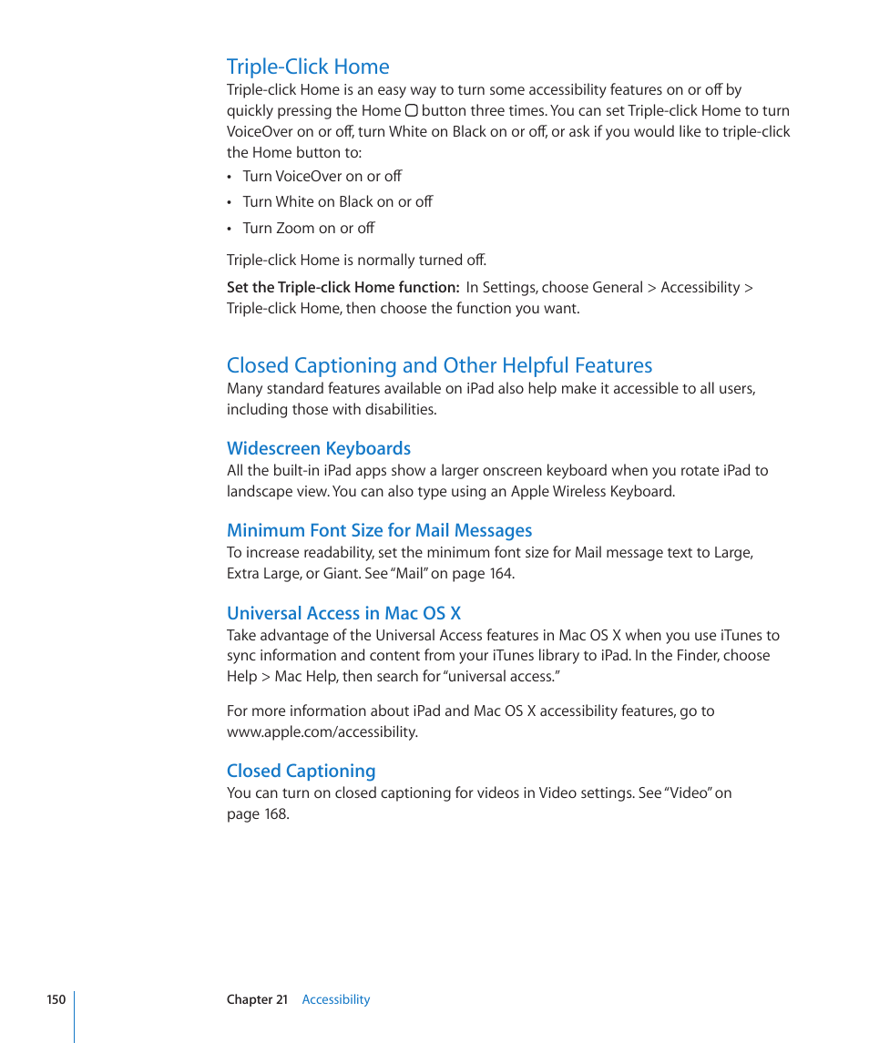 Triple-click home, Closed captioning and other helpful features | Apple iPad For iOS 4.3 User Manual | Page 150 / 198