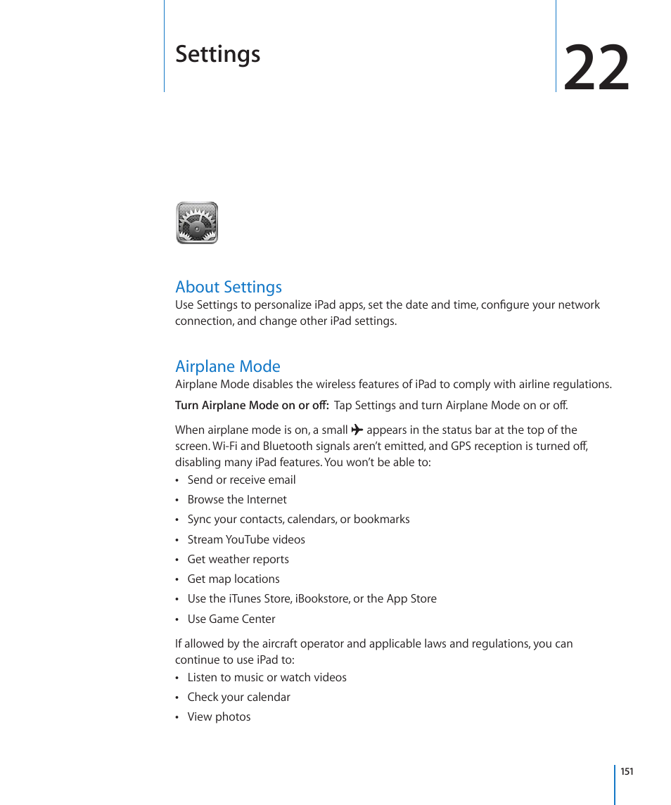 Chapter 22: settings, About settings, Airplane mode | 151 about settings 151 airplane mode, Settings | Apple iPad For iOS 4.3 User Manual | Page 151 / 198