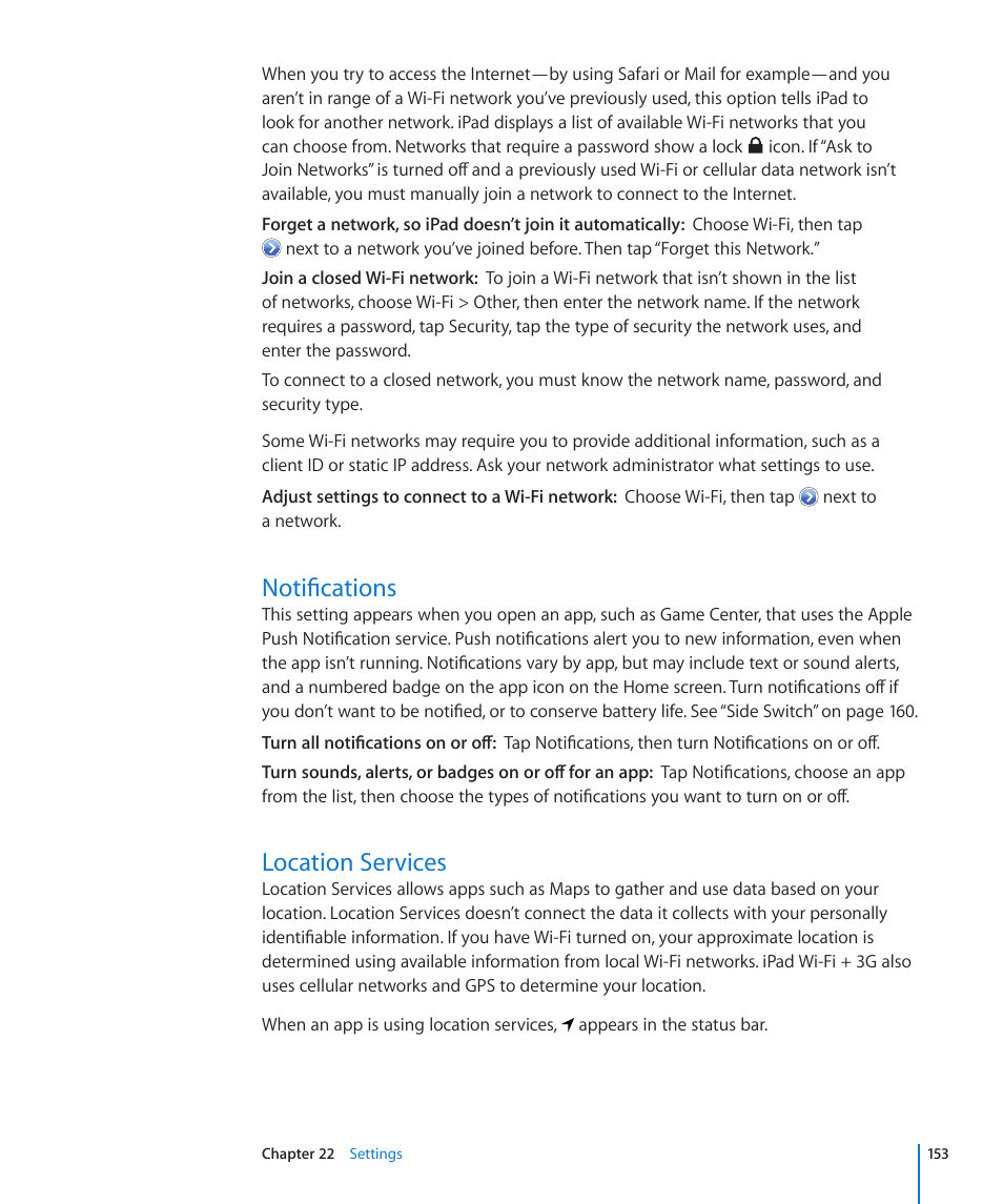 Notifications, Location services, 153 notifications 153 location services | Apple iPad For iOS 4.3 User Manual | Page 153 / 198