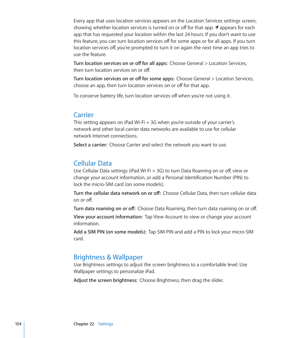 Carrier, Cellular data, Brightness & wallpaper | Apple iPad For iOS 4.3 User Manual | Page 154 / 198