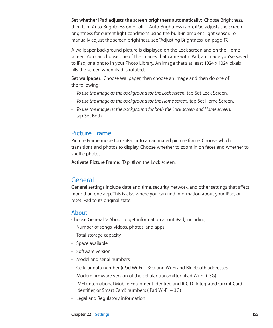 Picture frame, General, 155 picture frame 155 general | About | Apple iPad For iOS 4.3 User Manual | Page 155 / 198