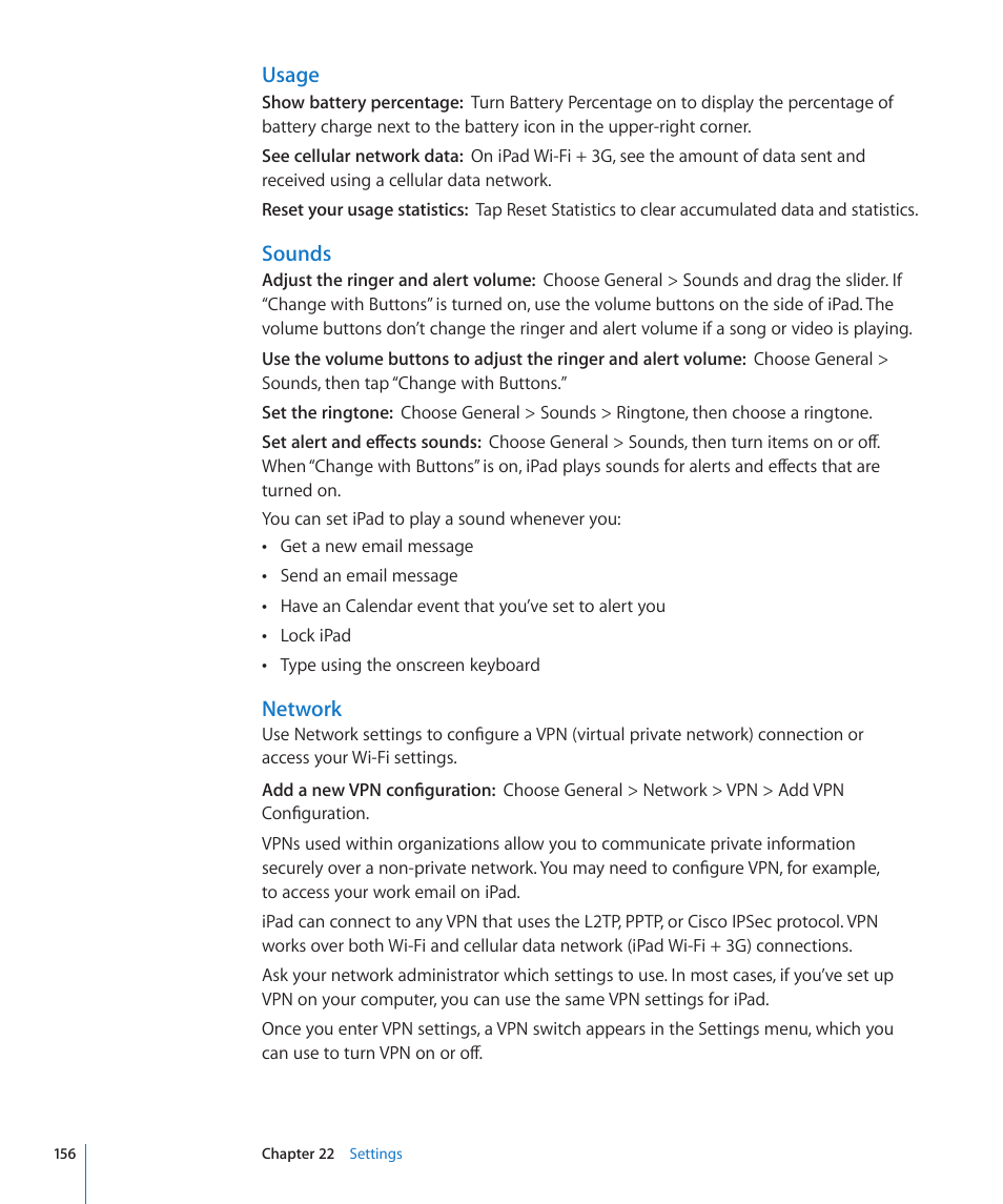 Sounds, Usage, Network | Apple iPad For iOS 4.3 User Manual | Page 156 / 198