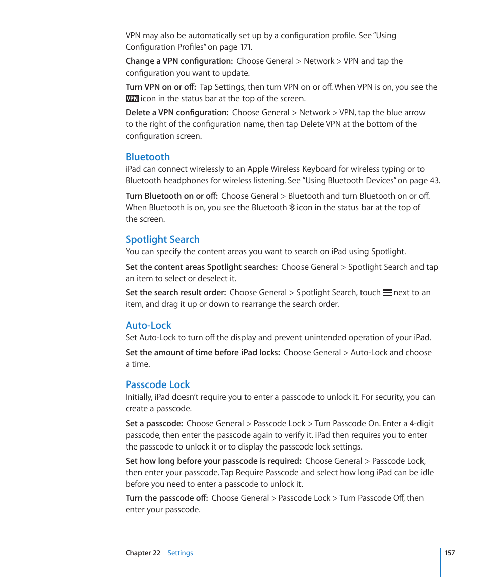 Auto-lock, Passcode lock | Apple iPad For iOS 4.3 User Manual | Page 157 / 198