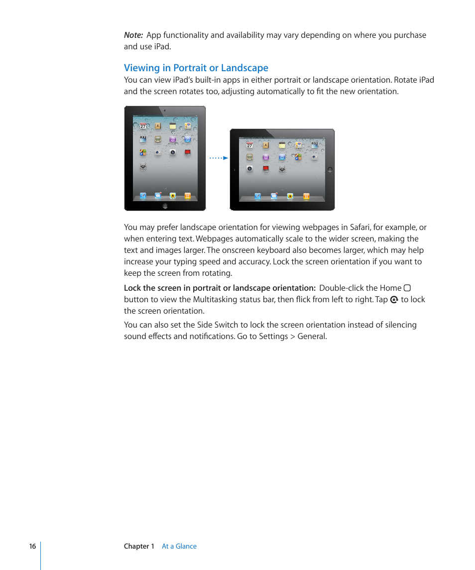 Viewing in portrait or landscape | Apple iPad For iOS 4.3 User Manual | Page 16 / 198