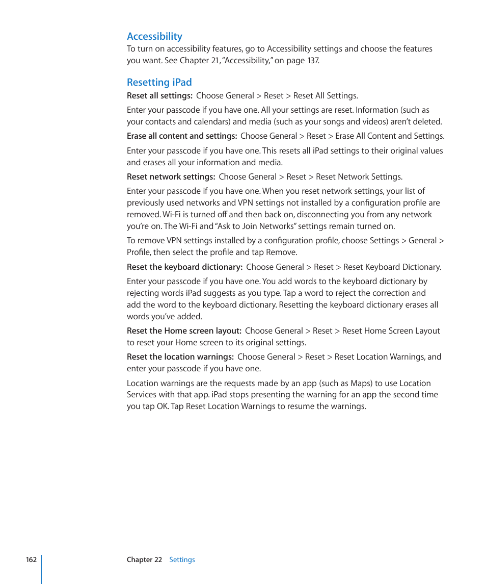 Accessibility, Resetting ipad | Apple iPad For iOS 4.3 User Manual | Page 162 / 198