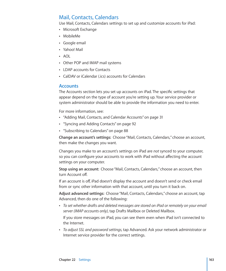 Mail, contacts, calendars, 163 mail, contacts, calendars, Accounts | Apple iPad For iOS 4.3 User Manual | Page 163 / 198