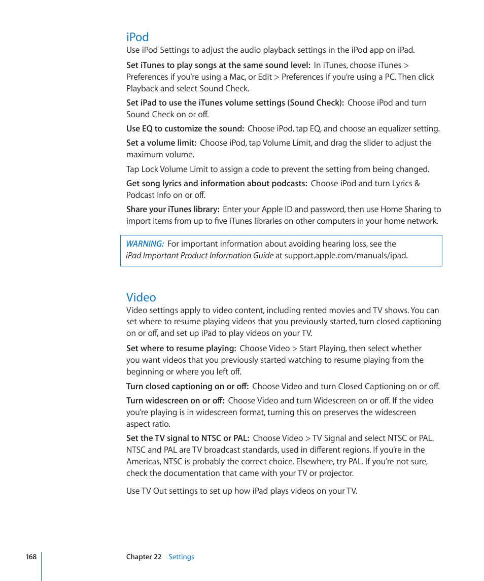 Ipod, Video, 168 ipod 168 video | Apple iPad For iOS 4.3 User Manual | Page 168 / 198