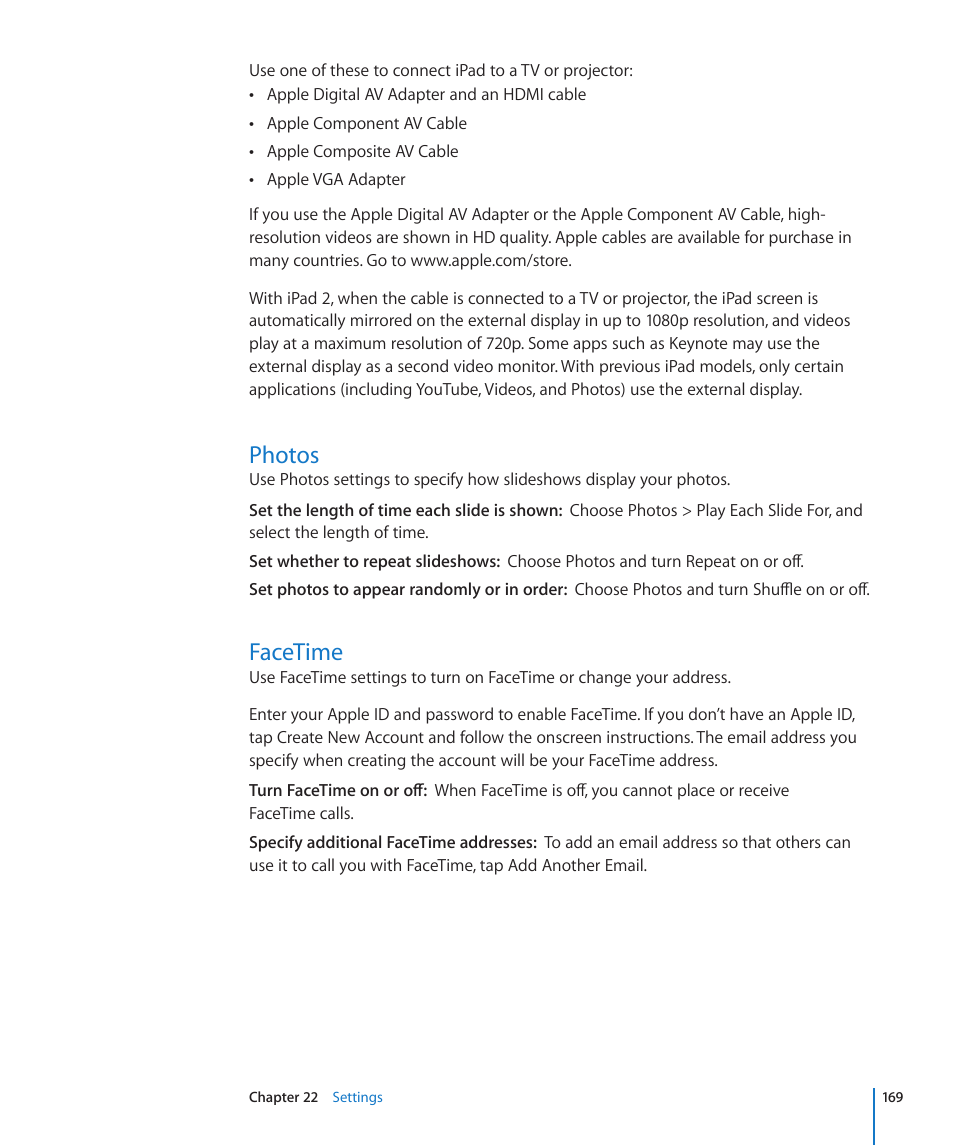 Photos, Facetime, 169 photos 169 facetime | Apple iPad For iOS 4.3 User Manual | Page 169 / 198