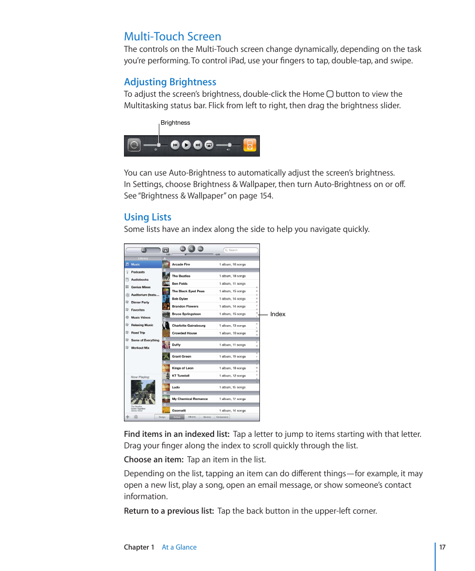 Multi-touch screen, Adjusting brightness, Using lists | Apple iPad For iOS 4.3 User Manual | Page 17 / 198