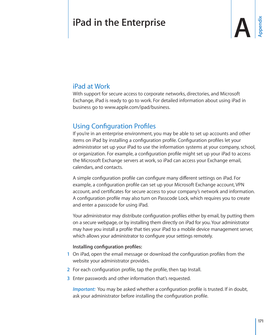 Appendix a: ipad in the enterprise, Ipad at work, Using configuration profiles | Appendix a: ipad in the enterprise, 171 ipad at work 171 using configuration profiles, Ipad in the enterprise | Apple iPad For iOS 4.3 User Manual | Page 171 / 198