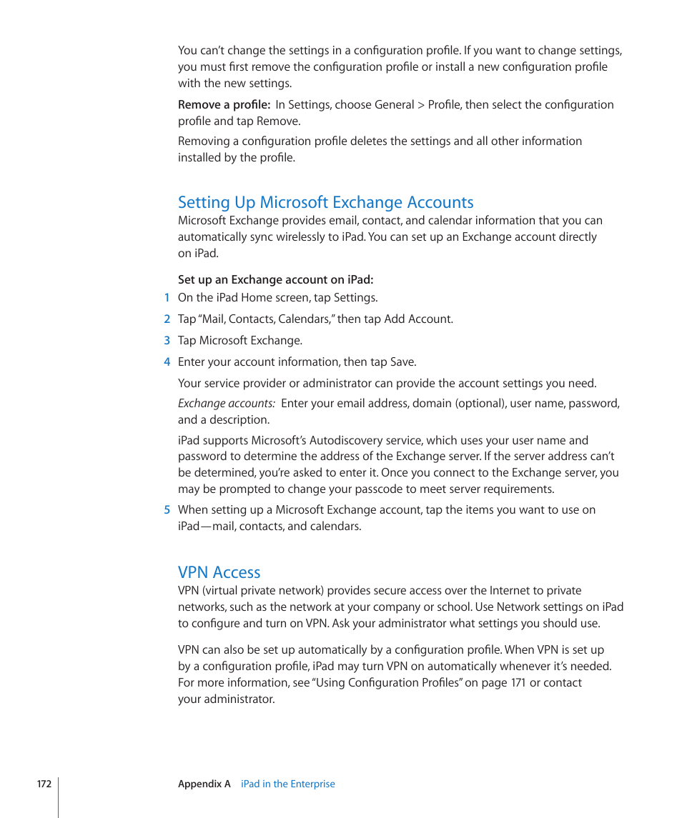 Setting up microsoft exchange accounts, Vpn access | Apple iPad For iOS 4.3 User Manual | Page 172 / 198