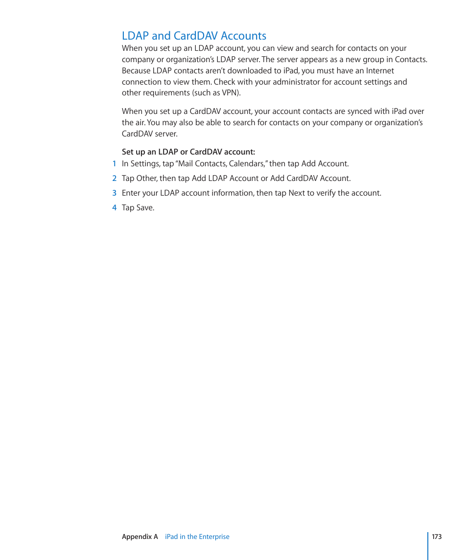 Ldap and carddav accounts, 173 ldap and carddav accounts | Apple iPad For iOS 4.3 User Manual | Page 173 / 198