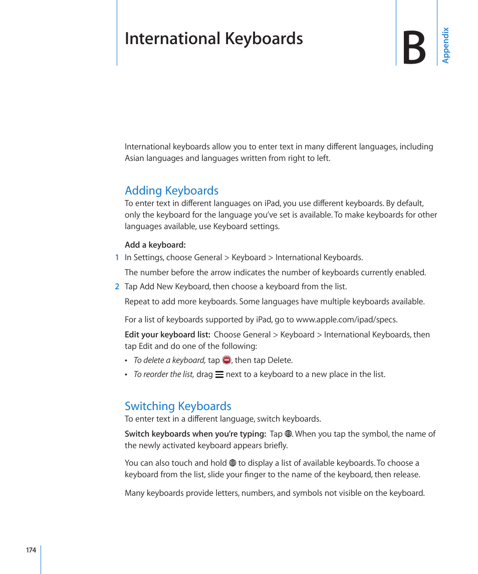 Appendix b: international keyboards, Adding keyboards, Switching keyboards | Appendix b: international keyboards, 174 adding keyboards 174 switching keyboards, International keyboards | Apple iPad For iOS 4.3 User Manual | Page 174 / 198