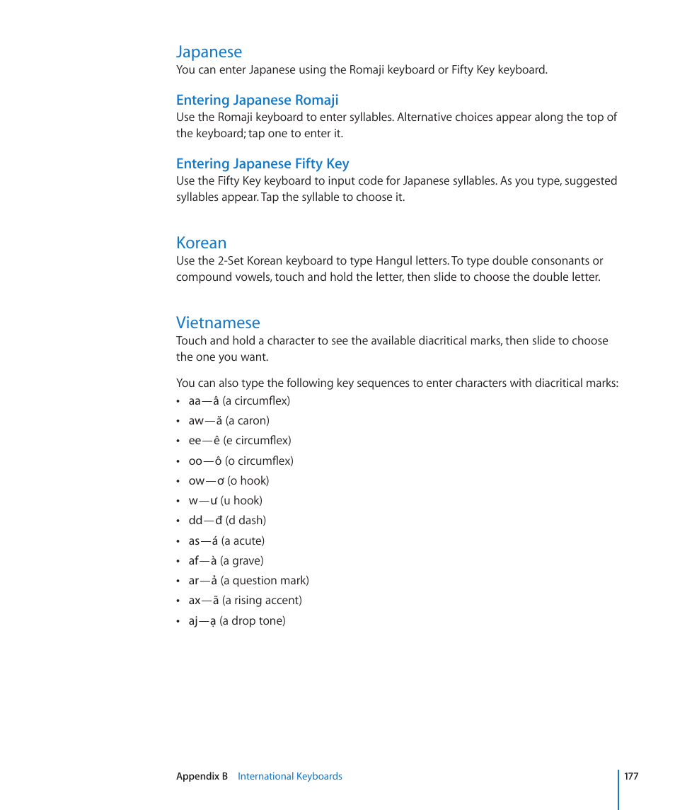 Japanese, Korean, Vietnamese | 177 japanese 177 korean 177 vietnamese, Entering japanese romaji, Entering japanese fifty key | Apple iPad For iOS 4.3 User Manual | Page 177 / 198