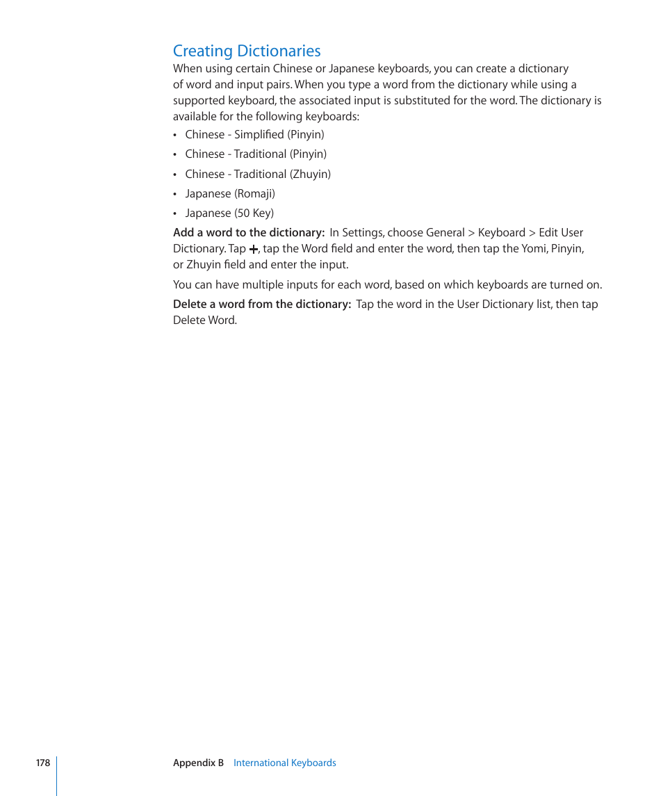 Creating dictionaries, 178 creating dictionaries | Apple iPad For iOS 4.3 User Manual | Page 178 / 198