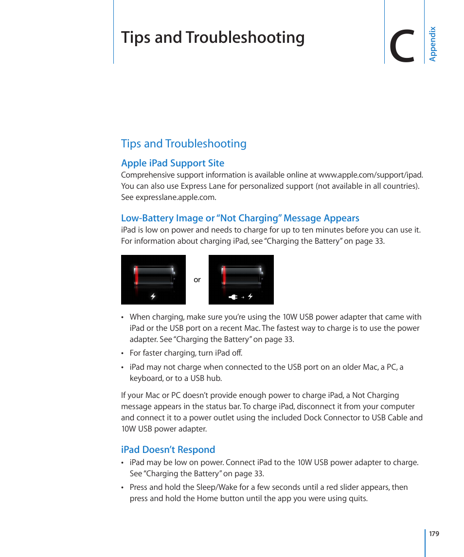 Appendix c: tips and troubleshooting, Tips and troubleshooting, Appendix c: tips and troubleshooting | 179 tips and troubleshooting | Apple iPad For iOS 4.3 User Manual | Page 179 / 198