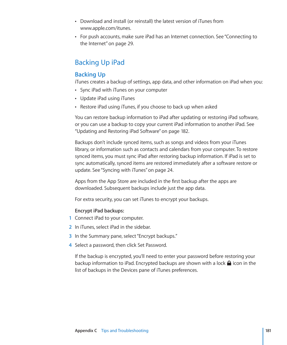 Backing up ipad, 181 backing up ipad, Backing up | Apple iPad For iOS 4.3 User Manual | Page 181 / 198