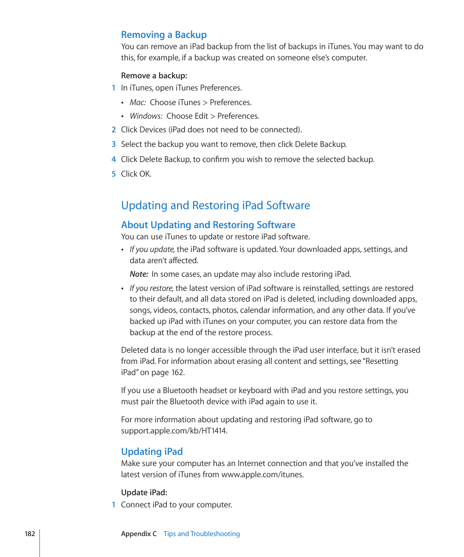 Updating and restoring ipad software, 182 updating and restoring ipad software, Removing a backup | About updating and restoring software, Updating ipad | Apple iPad For iOS 4.3 User Manual | Page 182 / 198