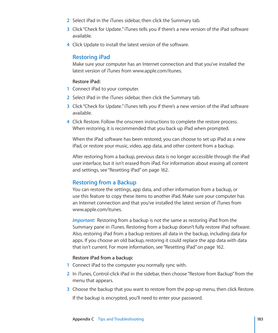 Restoring ipad, Restoring from a backup | Apple iPad For iOS 4.3 User Manual | Page 183 / 198