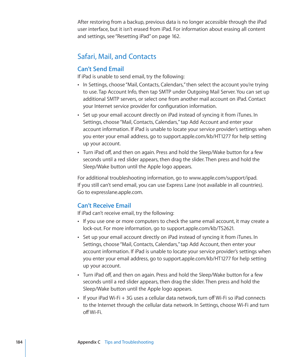 Safari, mail, and contacts, 184 safari, mail, and contacts, Can’t send email | Can’t receive email | Apple iPad For iOS 4.3 User Manual | Page 184 / 198