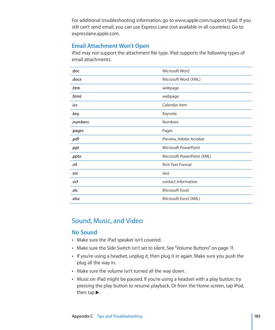 Sound, music, and video, 185 sound, music, and video, Email attachment won’t open | No sound | Apple iPad For iOS 4.3 User Manual | Page 185 / 198