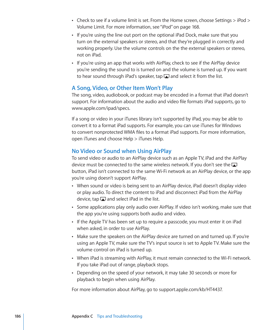 A song, video, or other item won’t play, No video or sound when using airplay | Apple iPad For iOS 4.3 User Manual | Page 186 / 198