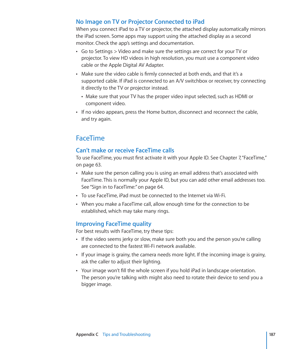 Facetime, 187 facetime, No image on tv or projector connected to ipad | Can’t make or receive facetime calls, Improving facetime quality | Apple iPad For iOS 4.3 User Manual | Page 187 / 198