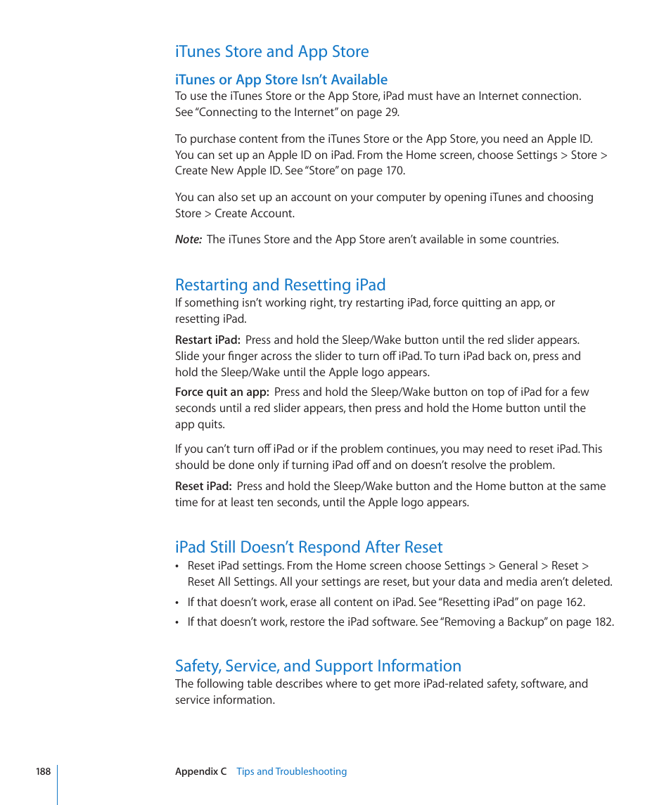 Itunes store and app store, Restarting and resetting ipad, Ipad still doesn’t respond after reset | Safety, service, and support information | Apple iPad For iOS 4.3 User Manual | Page 188 / 198