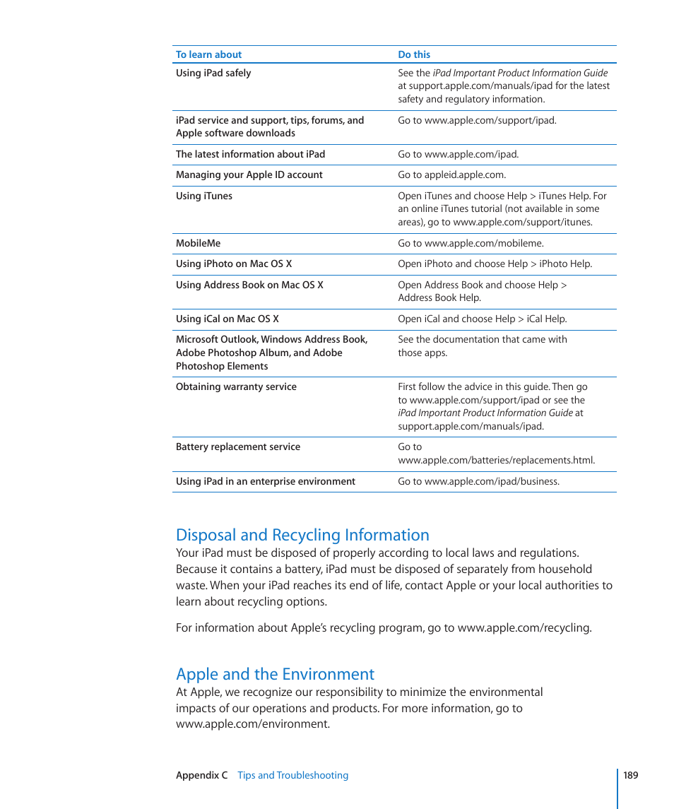 Disposal and recycling information, Apple and the environment | Apple iPad For iOS 4.3 User Manual | Page 189 / 198