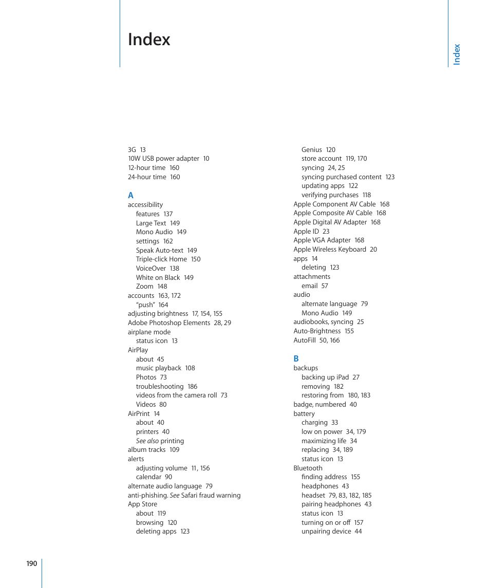 Index | Apple iPad For iOS 4.3 User Manual | Page 190 / 198