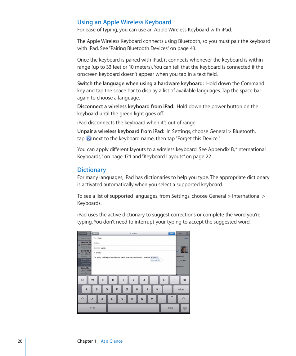 Using an apple wireless keyboard, Dictionary | Apple iPad For iOS 4.3 User Manual | Page 20 / 198