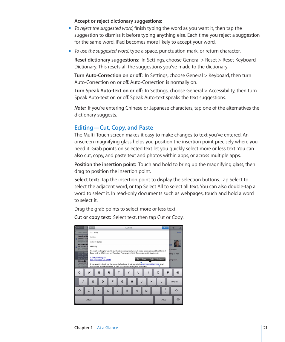 Editing—cut, copy, and paste | Apple iPad For iOS 4.3 User Manual | Page 21 / 198