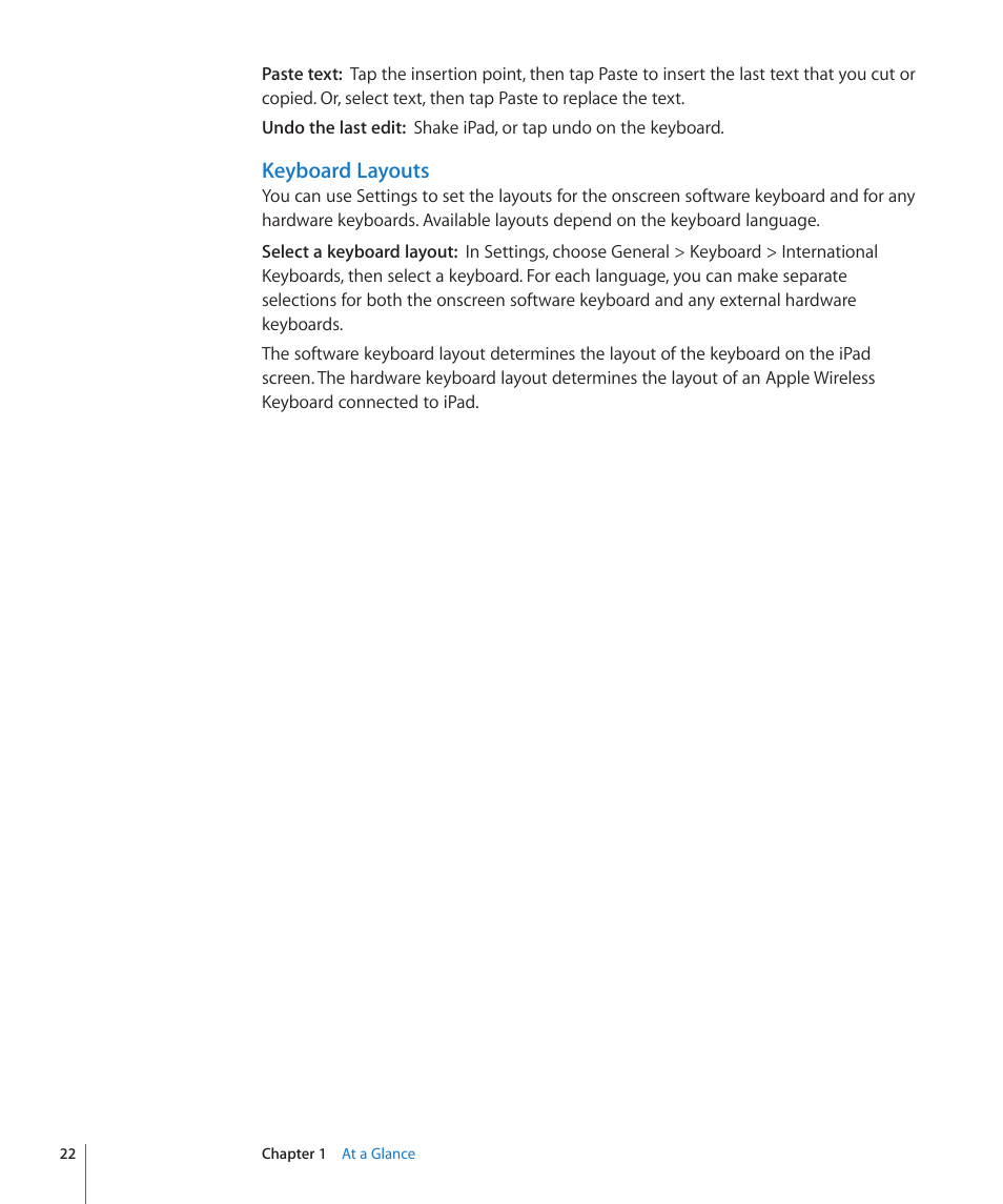 Keyboard layouts | Apple iPad For iOS 4.3 User Manual | Page 22 / 198