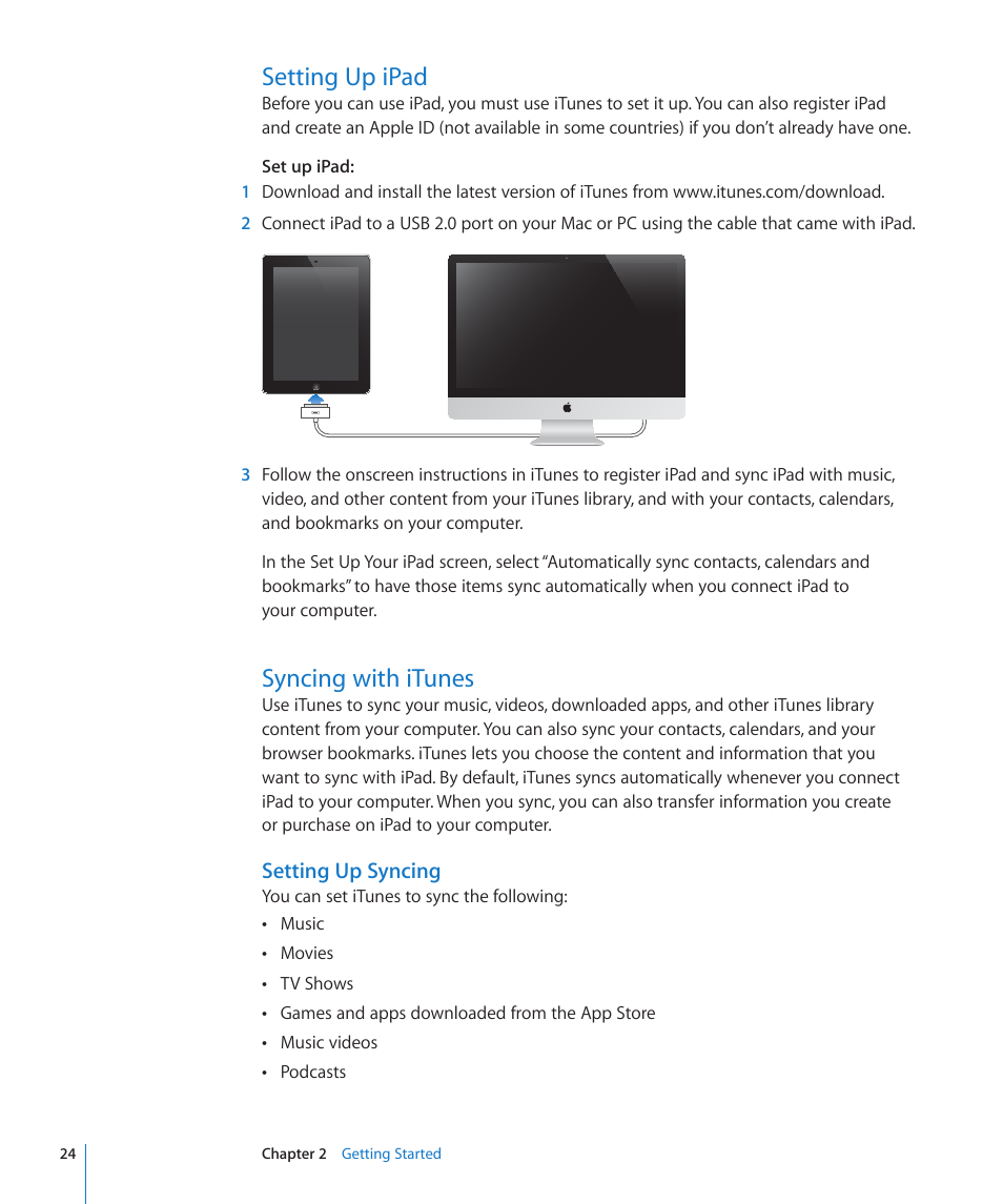 Setting up ipad, Syncing with itunes, 24 setting up ipad 24 syncing with itunes | Setting up syncing | Apple iPad For iOS 4.3 User Manual | Page 24 / 198