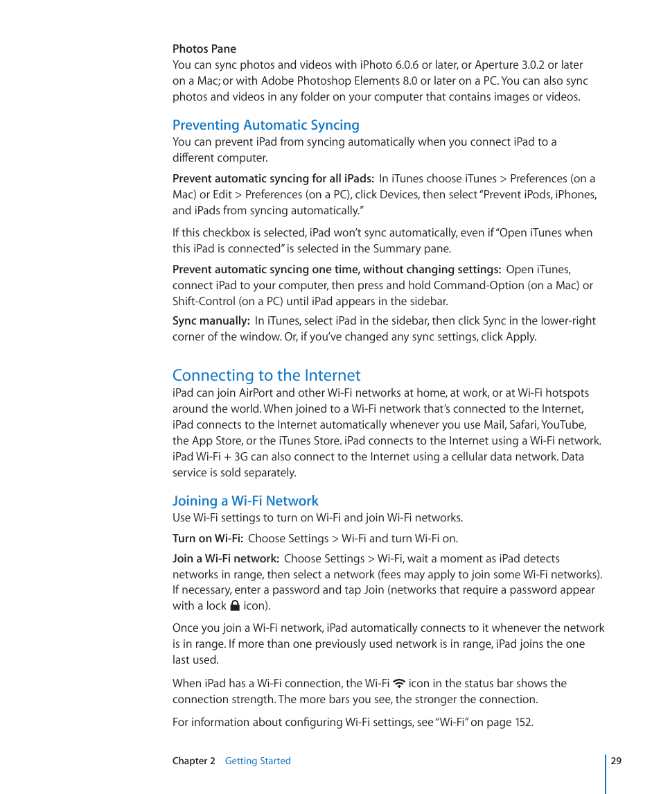 Connecting to the internet, 29 connecting to the internet, Preventing automatic syncing | Apple iPad For iOS 4.3 User Manual | Page 29 / 198