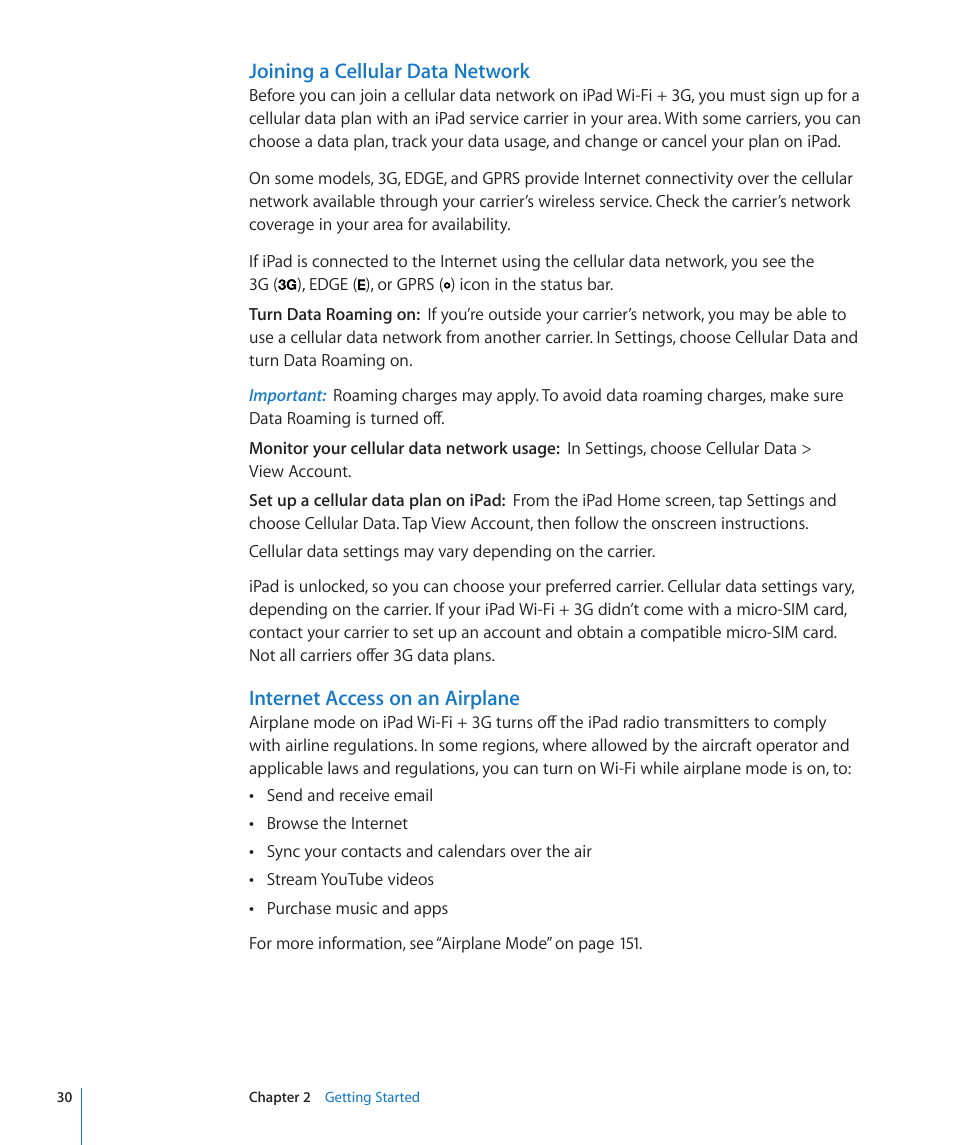 Joining a cellular data network, Internet access on an airplane | Apple iPad For iOS 4.3 User Manual | Page 30 / 198