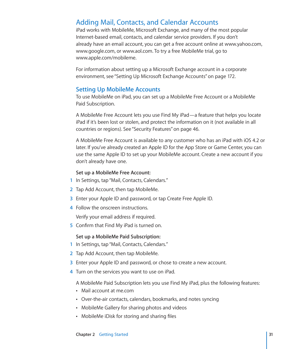 Adding mail, contacts, and calendar accounts, Setting up mobileme accounts | Apple iPad For iOS 4.3 User Manual | Page 31 / 198