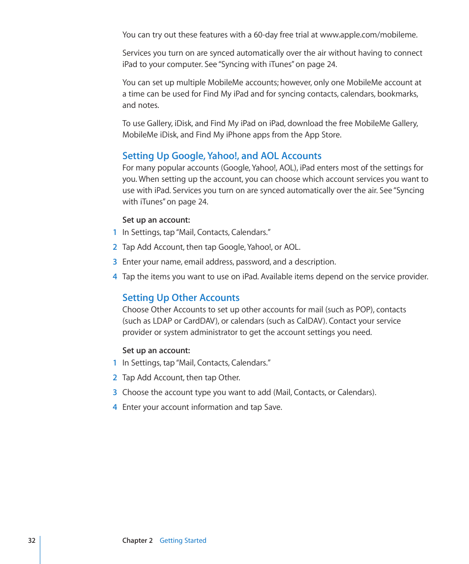 Setting up google, yahoo!, and aol accounts, Setting up other accounts | Apple iPad For iOS 4.3 User Manual | Page 32 / 198