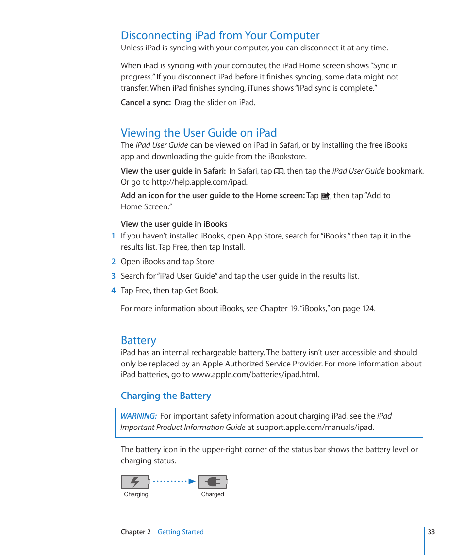 Disconnecting ipad from your computer, Viewing the user guide on ipad, Battery | Charging the battery | Apple iPad For iOS 4.3 User Manual | Page 33 / 198