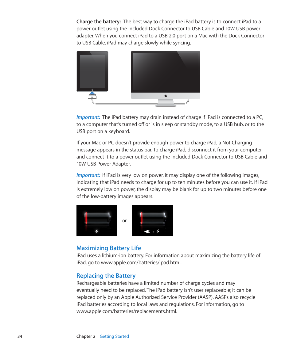 Maximizing battery life, Replacing the battery | Apple iPad For iOS 4.3 User Manual | Page 34 / 198