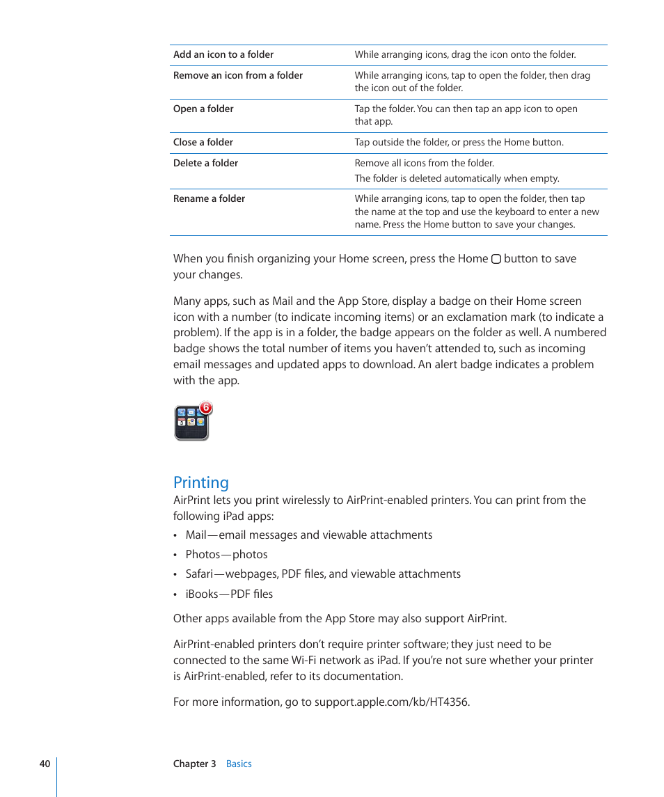 Printing, 40 printing | Apple iPad For iOS 4.3 User Manual | Page 40 / 198