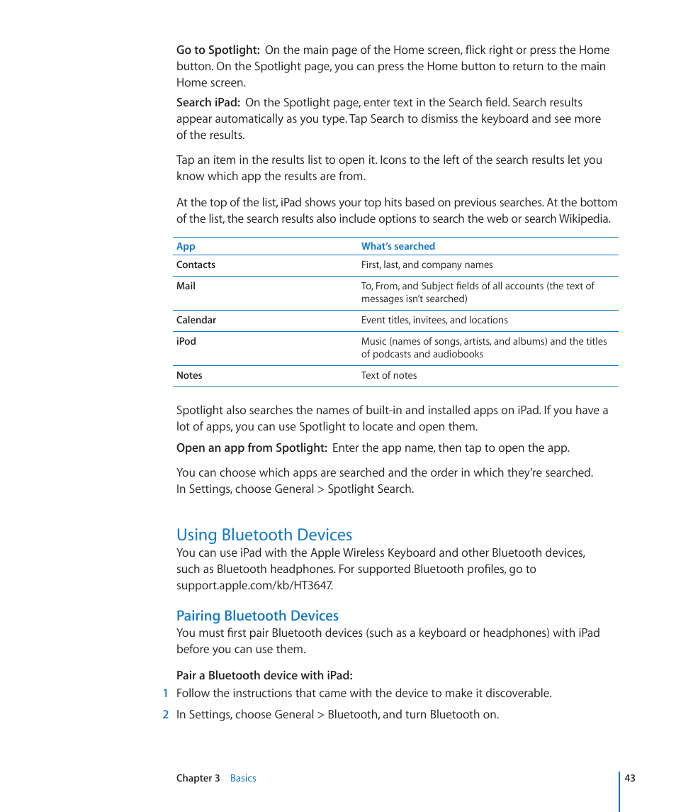 Using bluetooth devices, 43 using bluetooth devices, Pairing bluetooth devices | Apple iPad For iOS 4.3 User Manual | Page 43 / 198