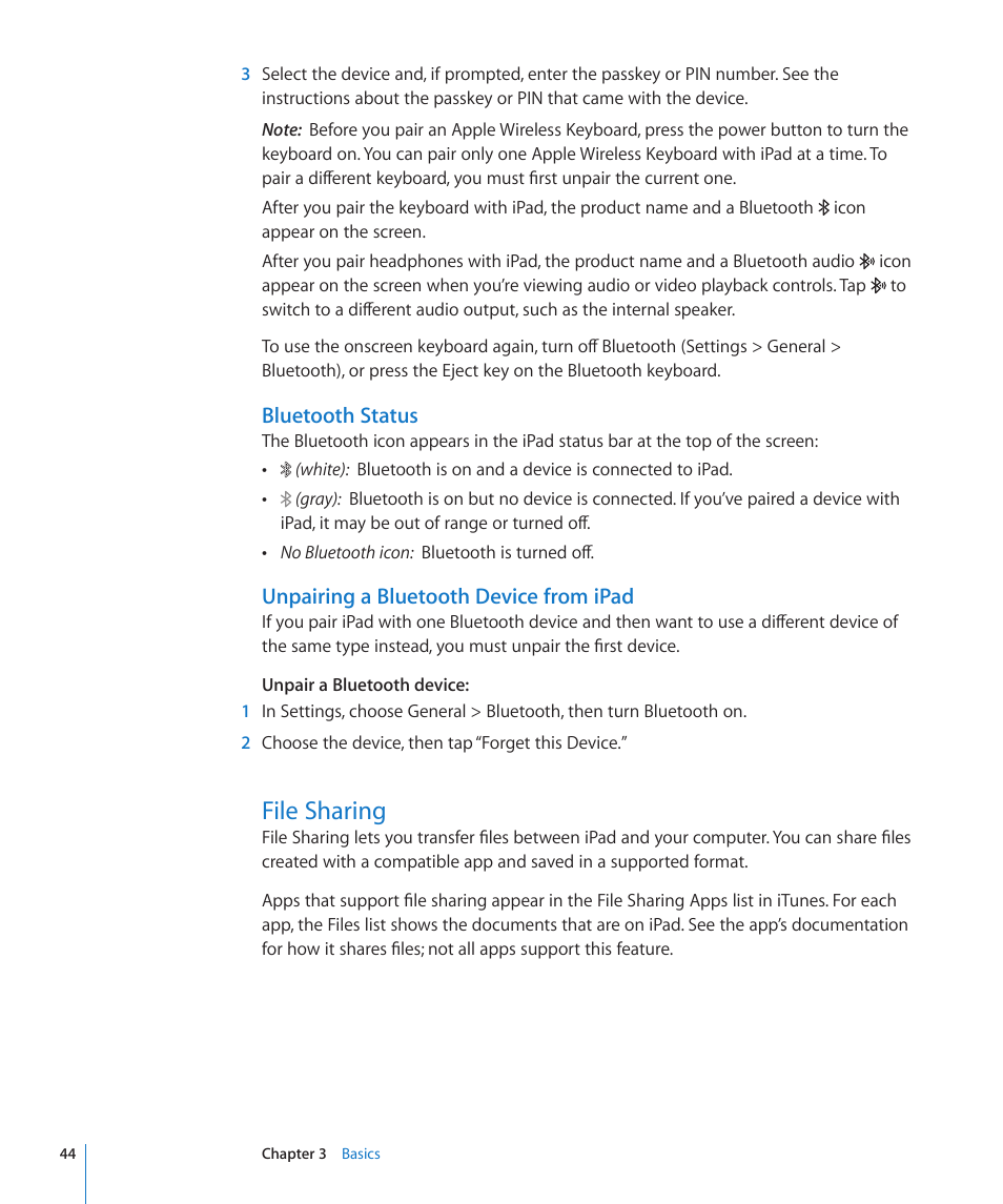 File sharing, 44 file sharing, Bluetooth status | Unpairing a bluetooth device from ipad | Apple iPad For iOS 4.3 User Manual | Page 44 / 198