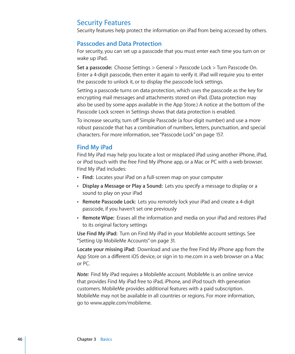 Security features, 46 security features, Passcodes and data protection | Find my ipad | Apple iPad For iOS 4.3 User Manual | Page 46 / 198