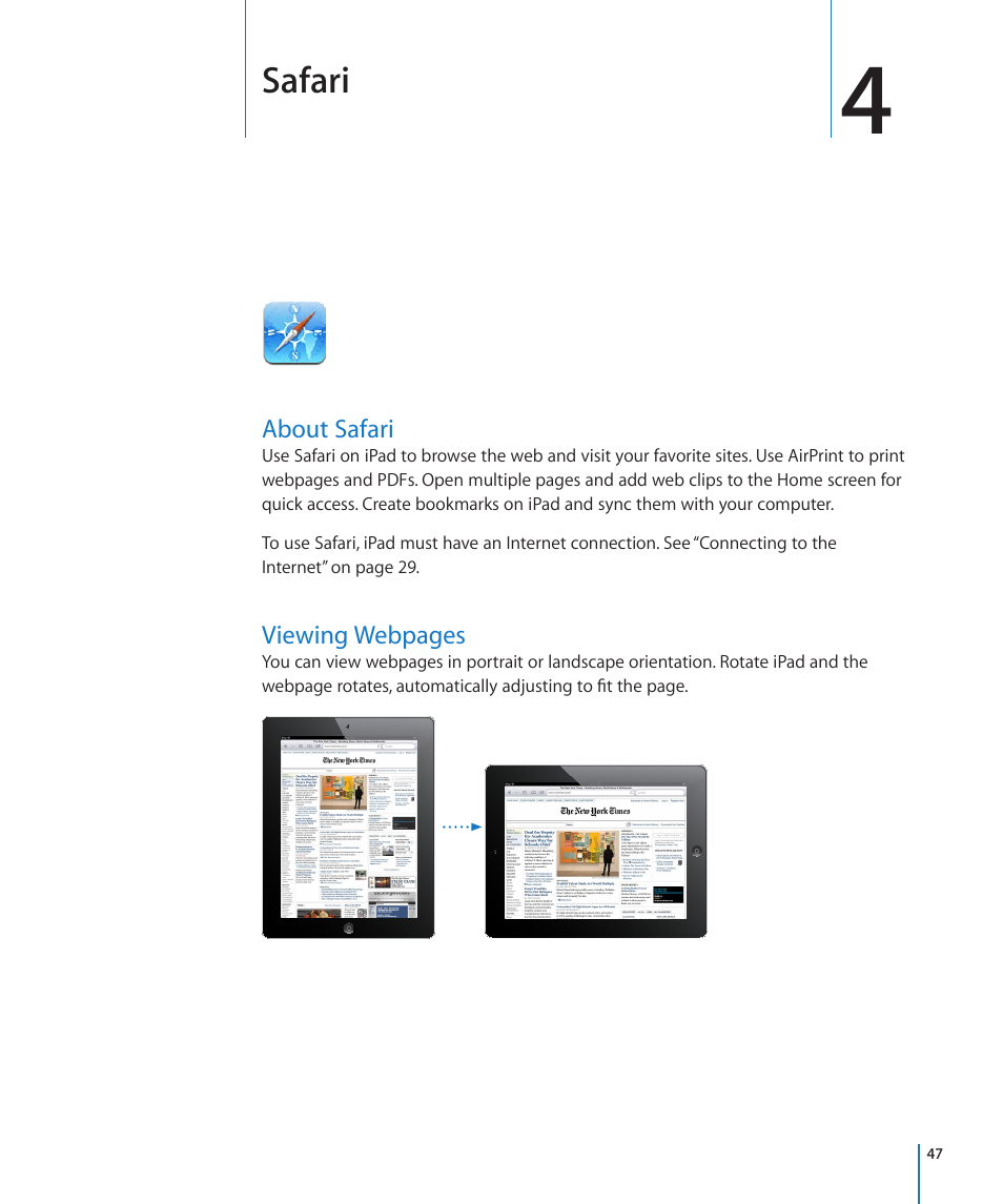 Chapter 4: safari, About safari, Safari | Apple iPad For iOS 4.3 User Manual | Page 47 / 198