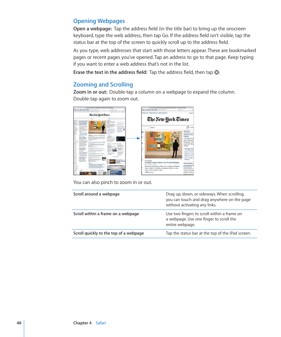 Opening webpages, Zooming and scrolling | Apple iPad For iOS 4.3 User Manual | Page 48 / 198