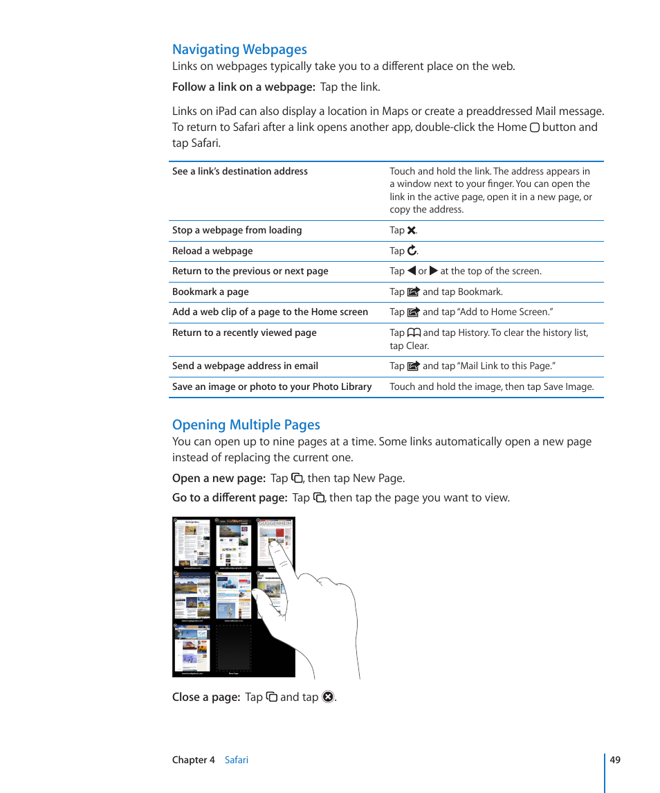 Navigating webpages, Opening multiple pages | Apple iPad For iOS 4.3 User Manual | Page 49 / 198